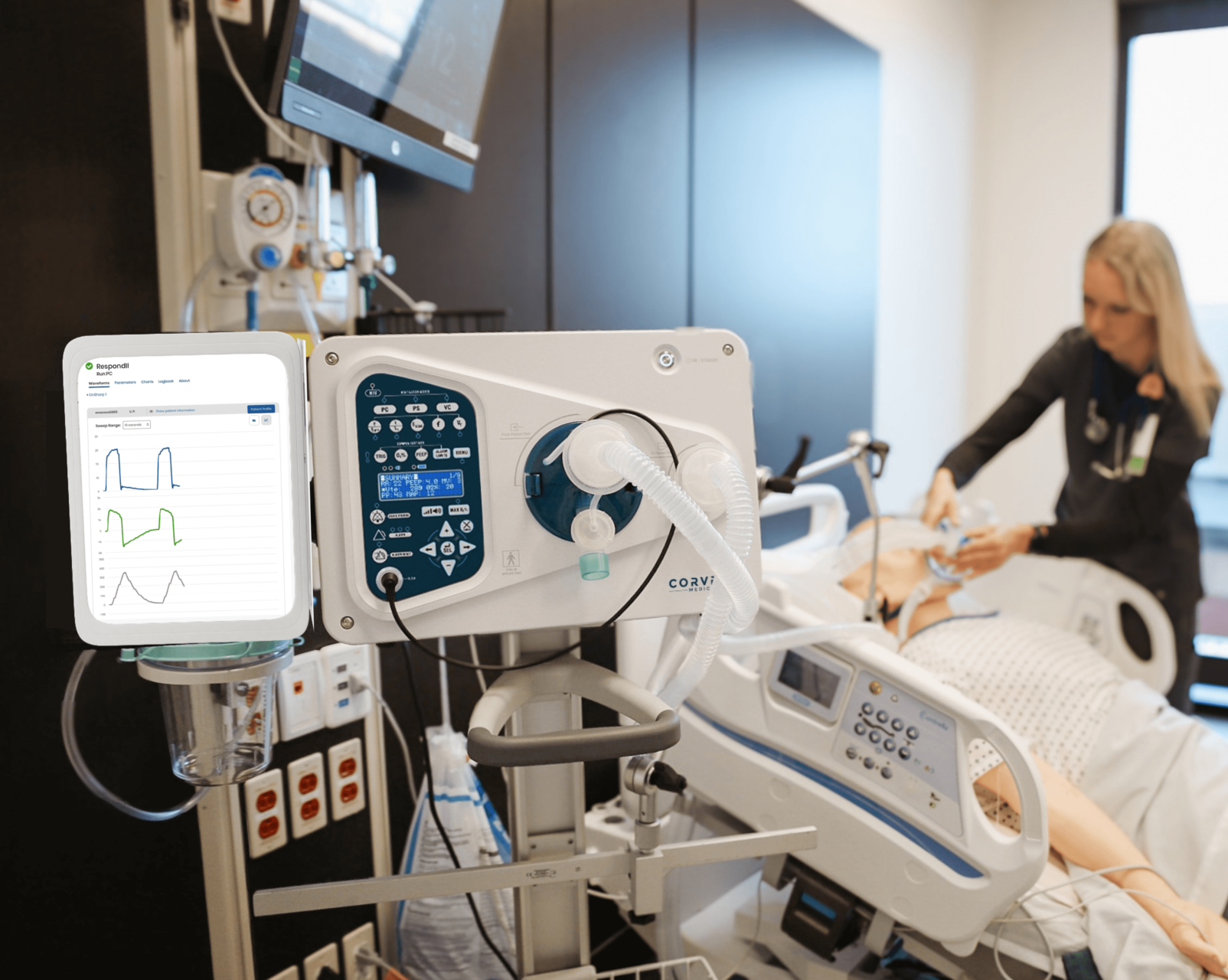 RESPOND ventilator in clinical use with provider caring for a patient in hospital bed